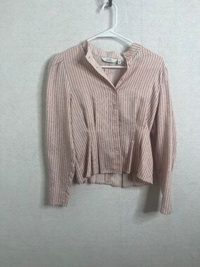 & Other Stories Paris Atelier Pink Striped Blouse Puff Sleeve Button Front Size